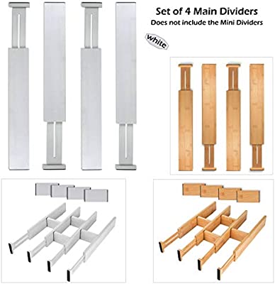 SKATCO Bamboo Drawer Dividers – Spring Adjustable Kitchen Drawer Organizers – Set of 4 Bamboo Kitchen Organizers – Drawer Organizers for the Kitchen, Bedroom, Office, Bathroom – White