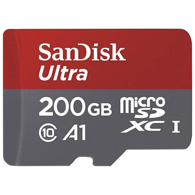 SanDisk 200GB Ultra microSDXC UHS-I Memory Card with Adapter – 100MB/s, C10, U1, Full HD, A1, Micro SD Card – SDSQUAR-200G-GN6MA