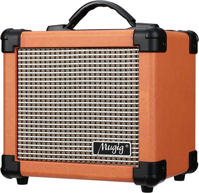 Mugig Guitar Amplifier 10W with Two Adjustable Channels and Dist Effects, Powered by 6 AA Batteries or AC Adapter
